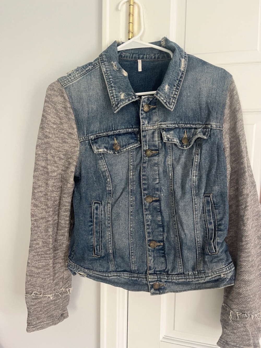 Free People Denim Jacket with Heather Gray Knit Sleeves - Blue & Gray